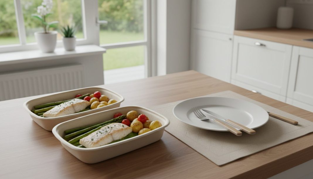 To færdigretter med fisk, kartofler og grøntsager på et køkkenbord