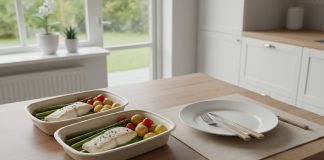 To færdigretter med fisk, kartofler og grøntsager på et køkkenbord