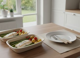 To færdigretter med fisk, kartofler og grøntsager på et køkkenbord