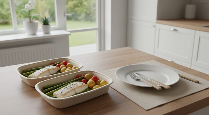 To færdigretter med fisk, kartofler og grøntsager på et køkkenbord